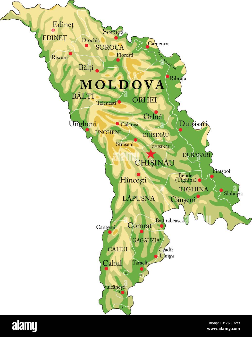 Highly detailed physical map of Moldova,in vector format,with all the relief forms,regions and big cities. Stock Vector
