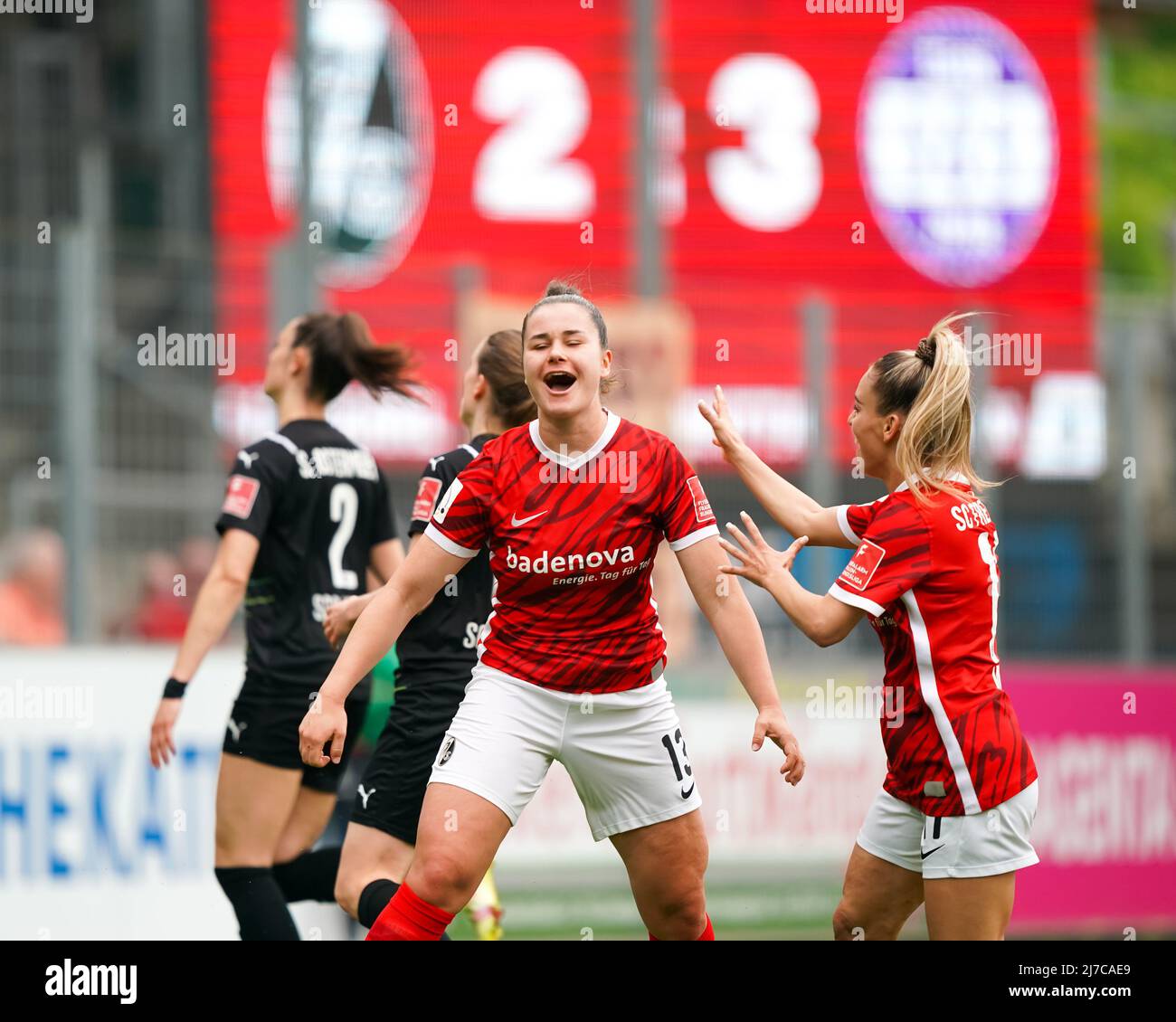 May 8, 2022, Freiburg, Germany: Freiburg, Germany, May 8th 2022: Svenja  Foelmli (13 Freiburg) celebraters her goal during the 1. Frauen-Bundesliga  football match between SC Freiburg and SGS Essen at Dreisamstadion in
