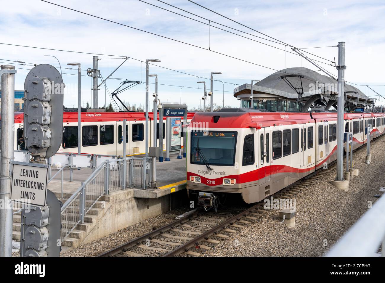 Calgary, AB, Canada - March 14 2022 : CTrain stop by McKnight Westwinds stations platform. CTrain light rail system. Calgary Transit. Stock Photo