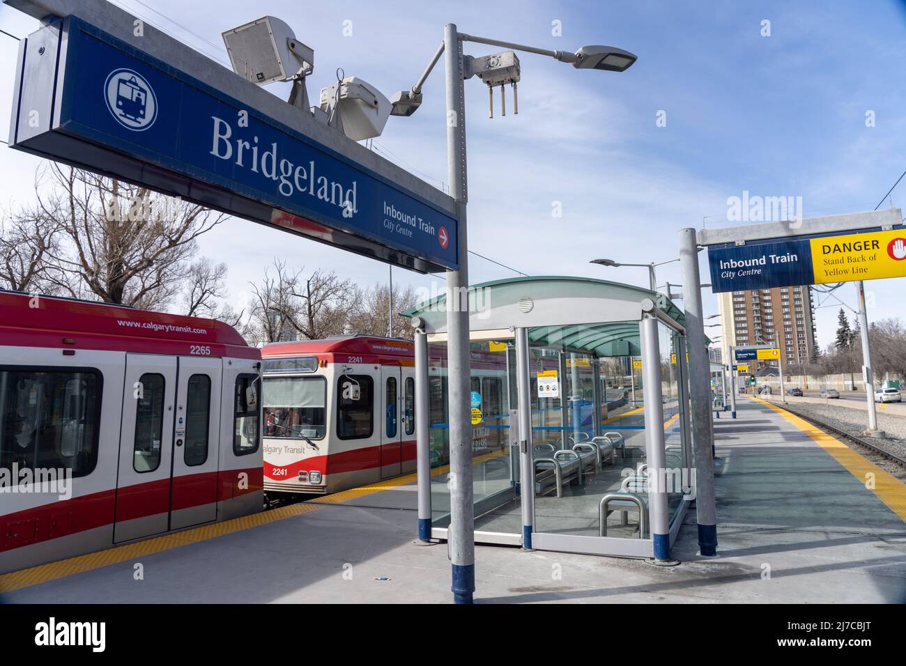 Calgary, AB, Canada - March 14 2022 : CTrain stop at Bridgeland Memorial station. CTrain light rail system. Calgary Transit. Stock Photo