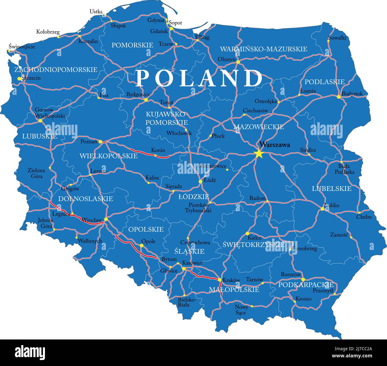 Highly Detailed Vector Map Of Poland With Administrative Regions Main Cities And Roads Stock