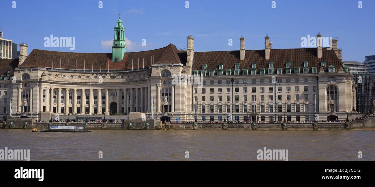 River Thames, London 2022. Panoramic view of The Old County Hall it stands on the South Bank, and now houses the London Aquarium which is a very popul Stock Photo