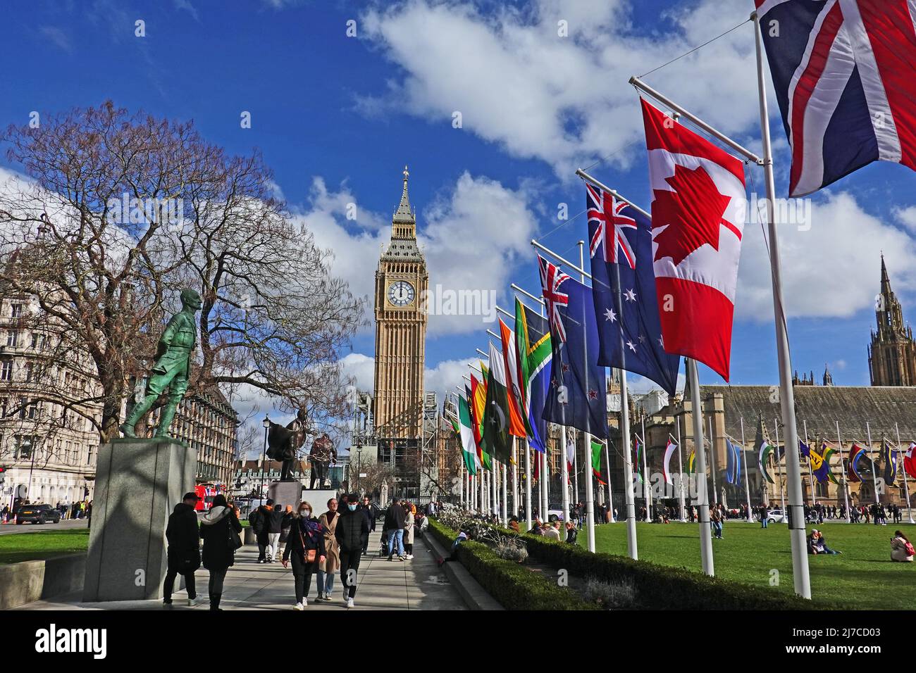 Westminster, London, 2022. Big Ben - Elizabeth Tower, standing proudly with Commonwealth Flags flying. Tourists are returning to the capital now covid Stock Photo
