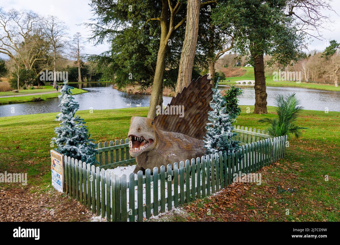 Model of a Permian period Dimetrodon, a pre-dinosaur synapsid, at the annual Snowsaurus event at Painshill Park, Cobham, Surrey, south-east England Stock Photo