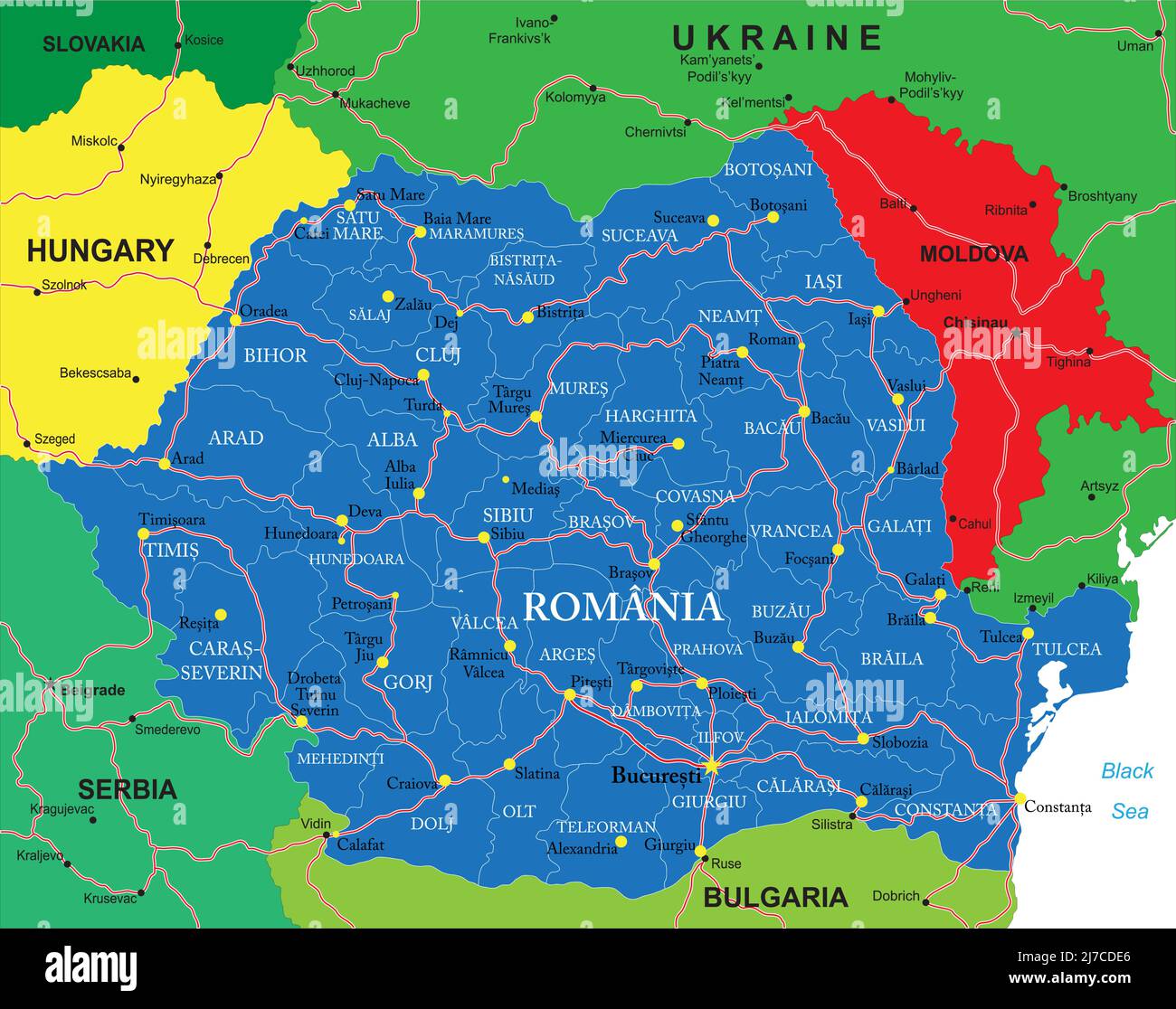 Highly detailed vector map of Romania with administrative regions,main cities and roads. Stock Vector