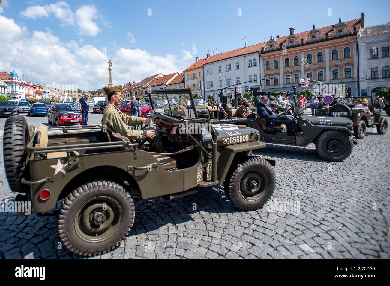 The convoy of American historical vehicles arrived in Horice, Czech Republic, on May 8, 2022. From there it continued to the Lazna Velichovky area, where there is a monument to the US army. The event commemorated the 77th anniversary of the end of World War II in Europe. (CTK Photo/David Tanecek) Stock Photo