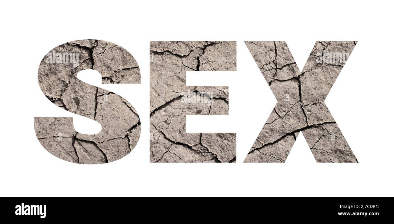 Sex drought and dry spell - absence and lack of sexual life and sexlife because of abstinence and celibacy. Text and dry and arid soil. Isolated on wh Stock Photo