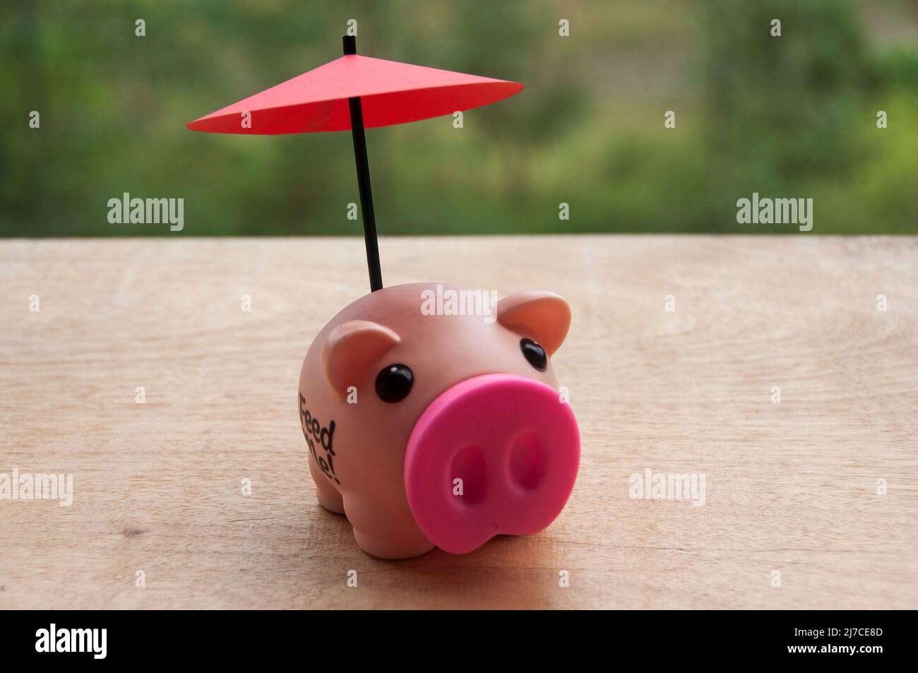 Small red umbrella over piggy bank on wooden table. Financial safety and investment concept. Stock Photo