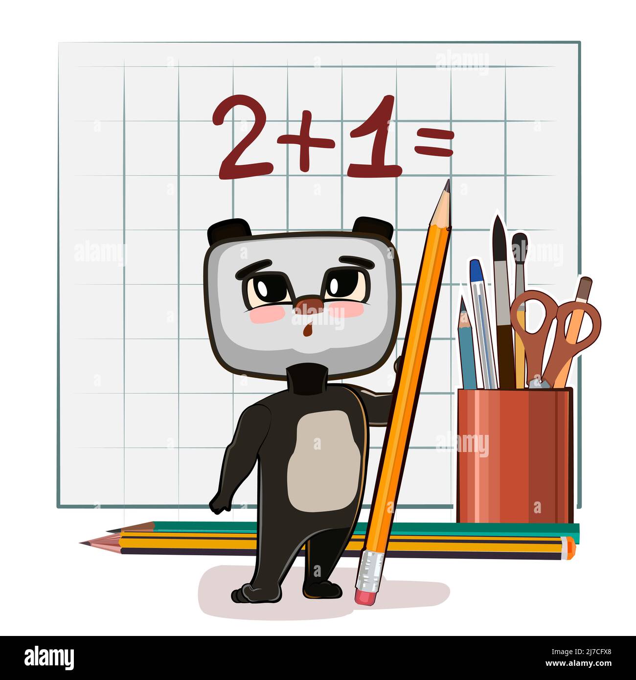 Cute panda Bear baby is trying to count. Studying numbers and counting. Funny animal kid. Stationery and pencil. Writes in notebook. Mathematics Stock Vector