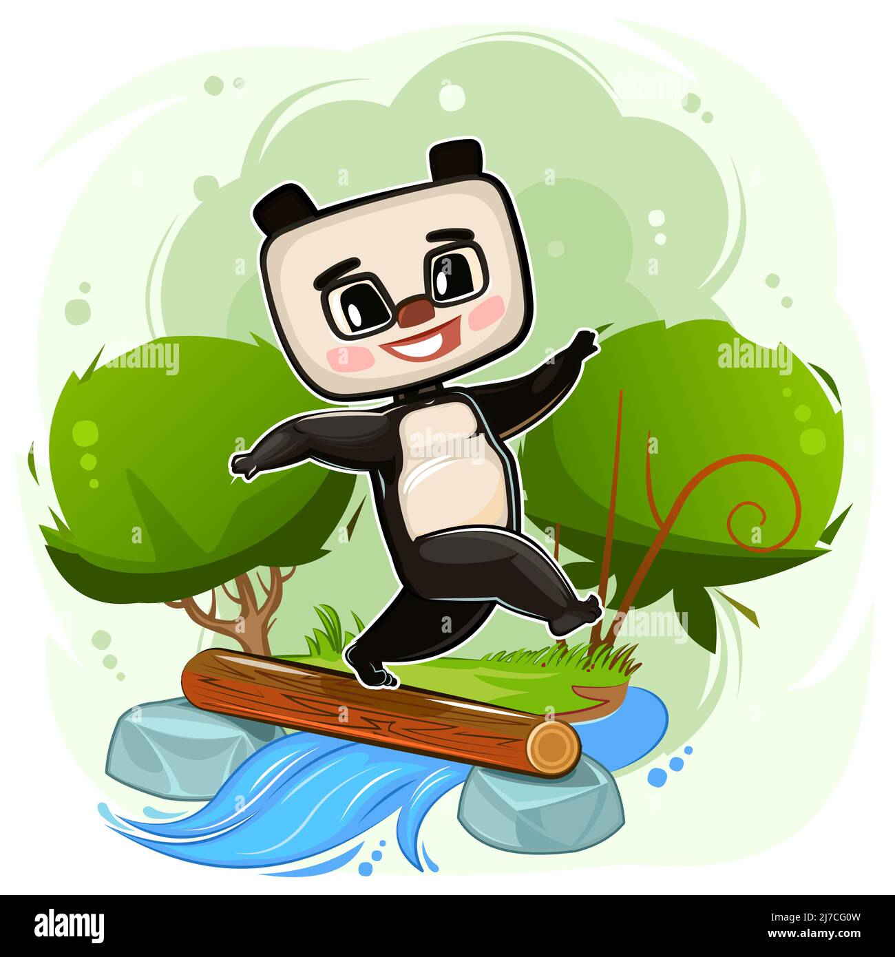 Cute cartoon panda Bear by the river. Postcard for children. Dexterous scout. funny animal overcomes an obstacle. Children tourism. The illustration Stock Vector