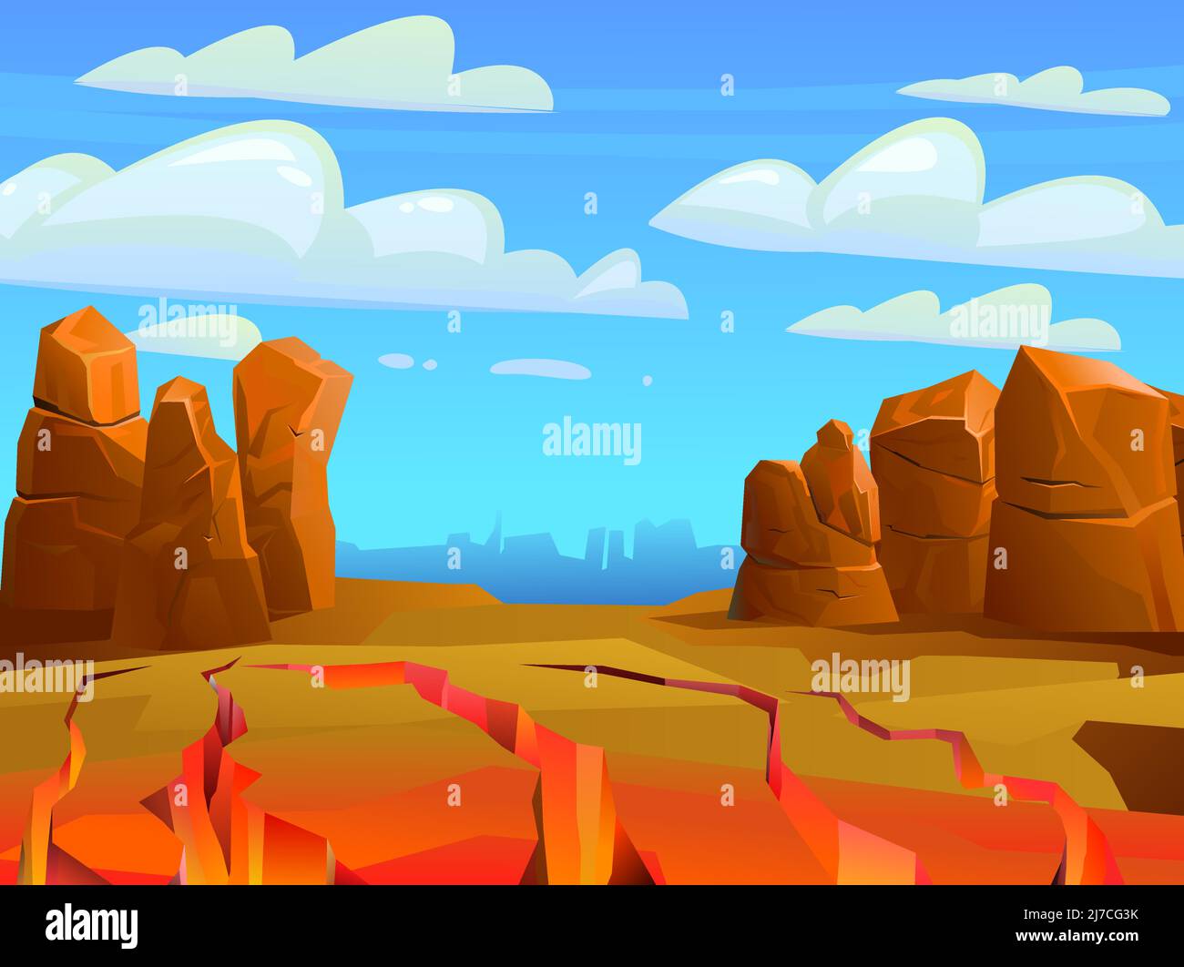 Rocky landscape. Cracks in earth crust. Sharp stone cliffs. Horizon far away. View of an uninhabited planet. Desert during the day. Vector Stock Vector