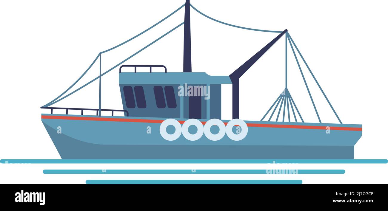 Fishing boat flat icon. Trawl freight ship Stock Vector
