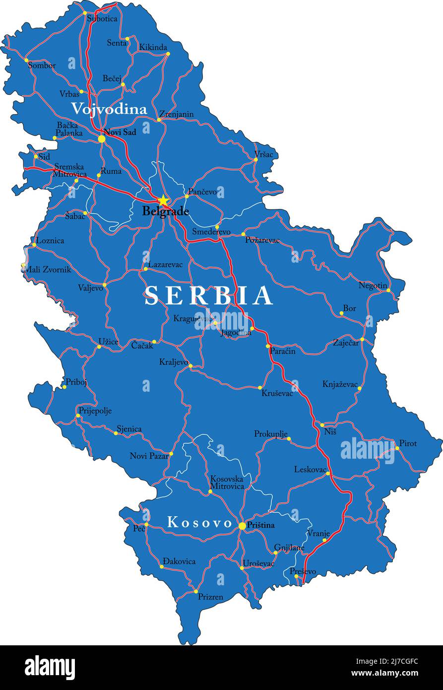 Highly detailed vector map of Serbia  with administrative regions,main cities and roads. Stock Vector