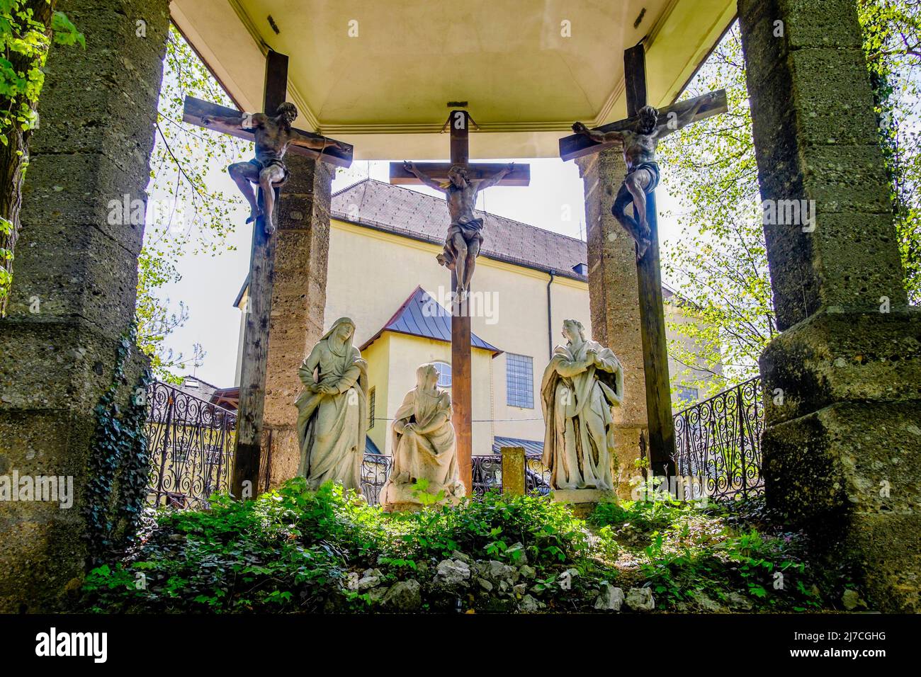 A group of crucifixes at the end of the Prügelweg, the passion path, leading to the Kapuzinerkloster Capuchin Monastery, Salzburg, Austria. Stock Photo