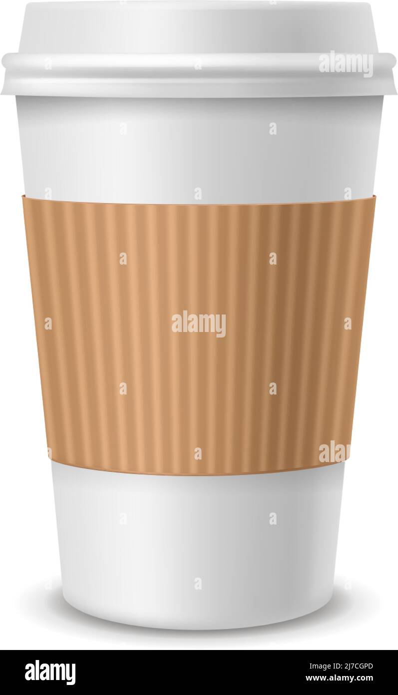 Paper coffee realistic cup. White plastic container with lid and ...