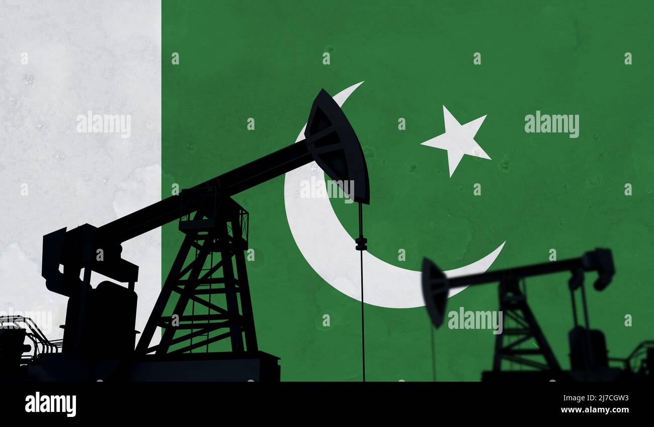 Oil and gas industry background. Oil pump silhouette against pakistan