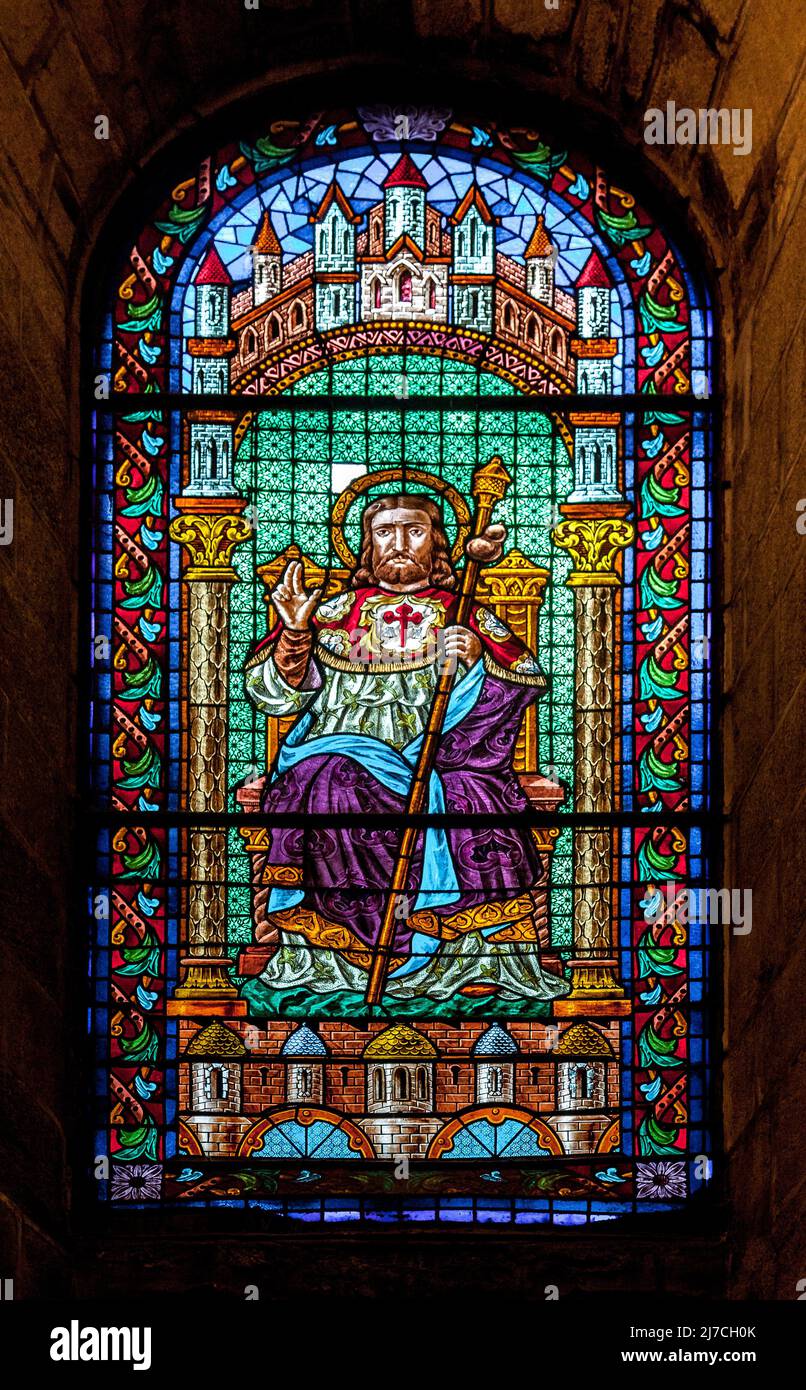 Stained-glass window in the cathedral of Santiago de Compostela Stock Photo