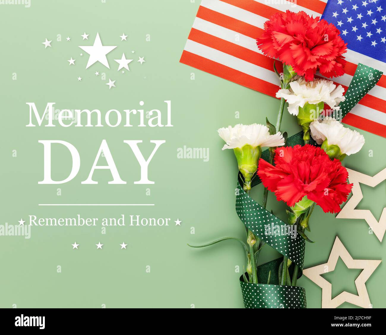 Memorial Day card. American holiday banner with bouquet of carnations, American flag and stars on a green background with inscription Memorial Day Stock Photo