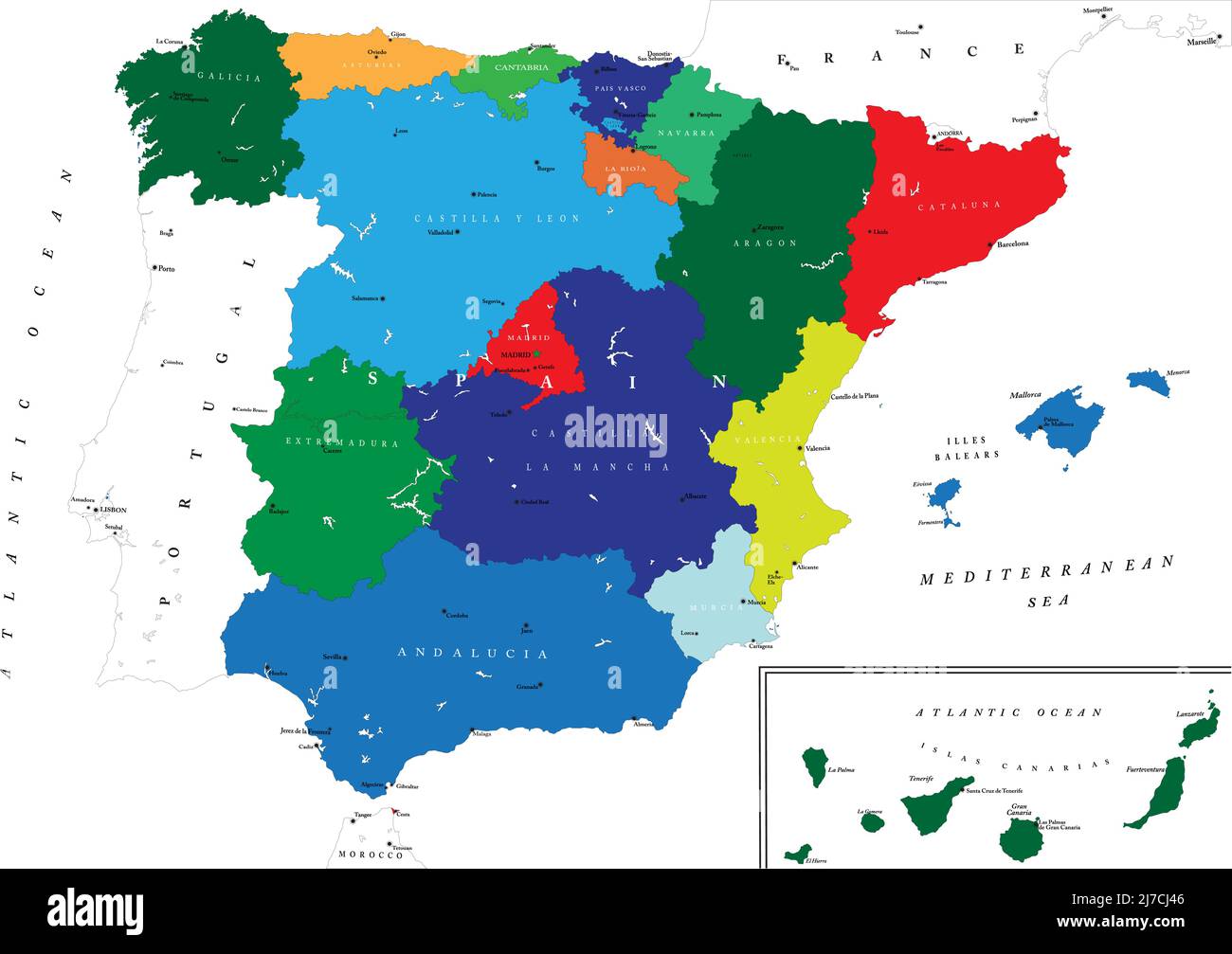 Highly detailed map of Spain with all regions separate and the main cities. Stock Vector