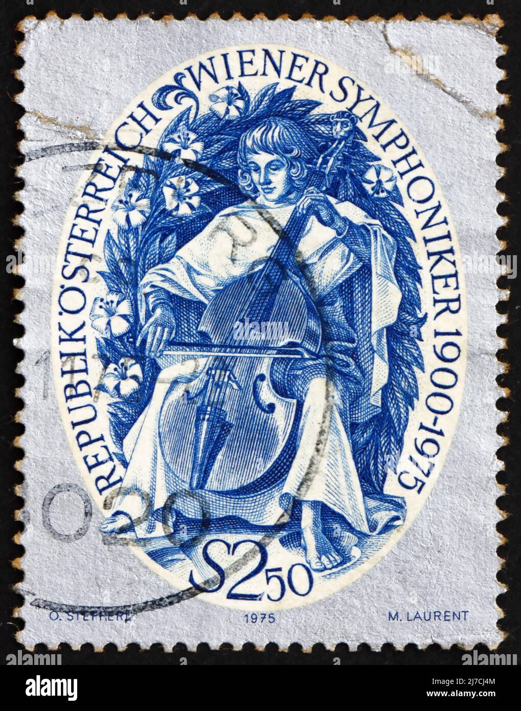 AUSTRIA - CIRCA 1975: a stamp printed in the Austria shows Stylized Musician Playing a Viol, 75th Anniversary of Vienna Symphony Orchestra, circa 1975 Stock Photo