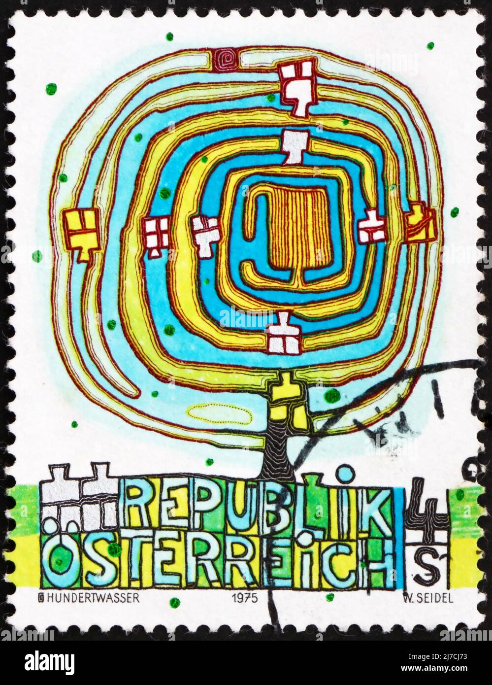 AUSTRIA - CIRCA 1975: a stamp printed in the Austria shows The Spiral Tree, by Friedenstreich Hundertwasser, circa 1975 Stock Photo