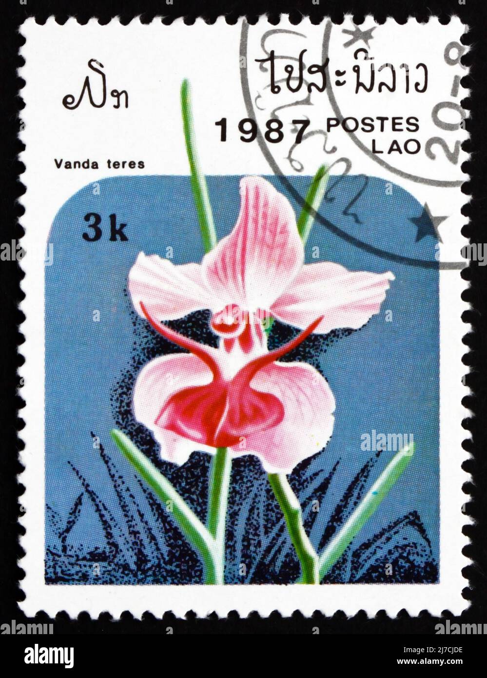 LAOS - CIRCA 1987: a stamp printed in Laos shows Vanda Teres, Orchid ...