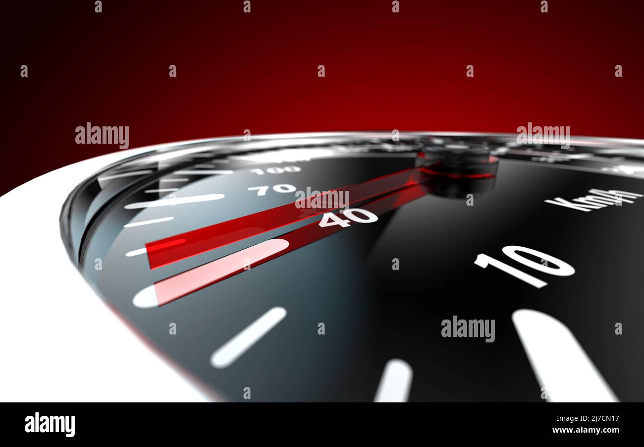 Close up of a car speedometer with the needle pointing a low speed. 3D ...