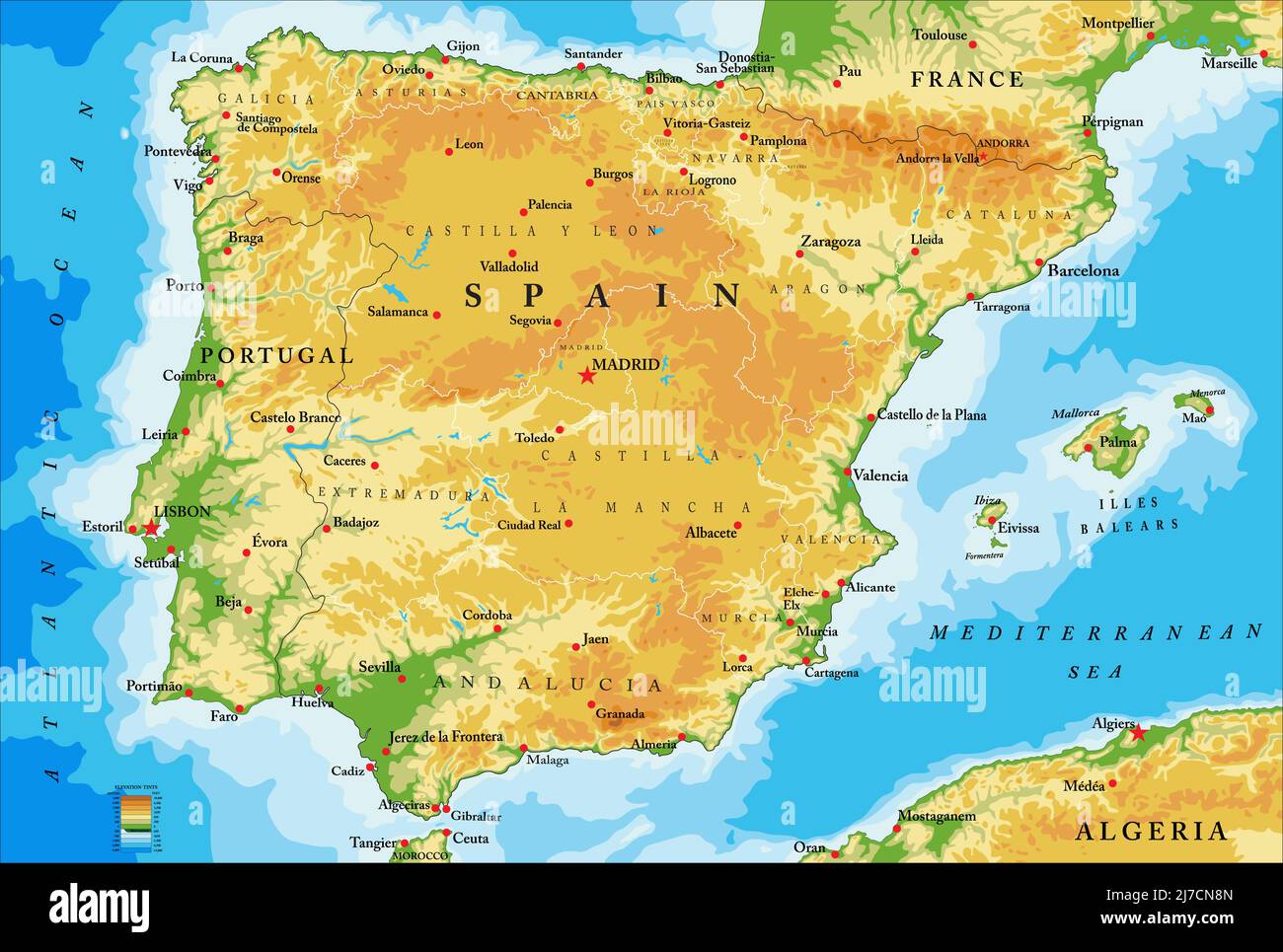 Highly detailed physical map of Spain,in vector format,with all the relief forms,regions and big cities. Stock Vector