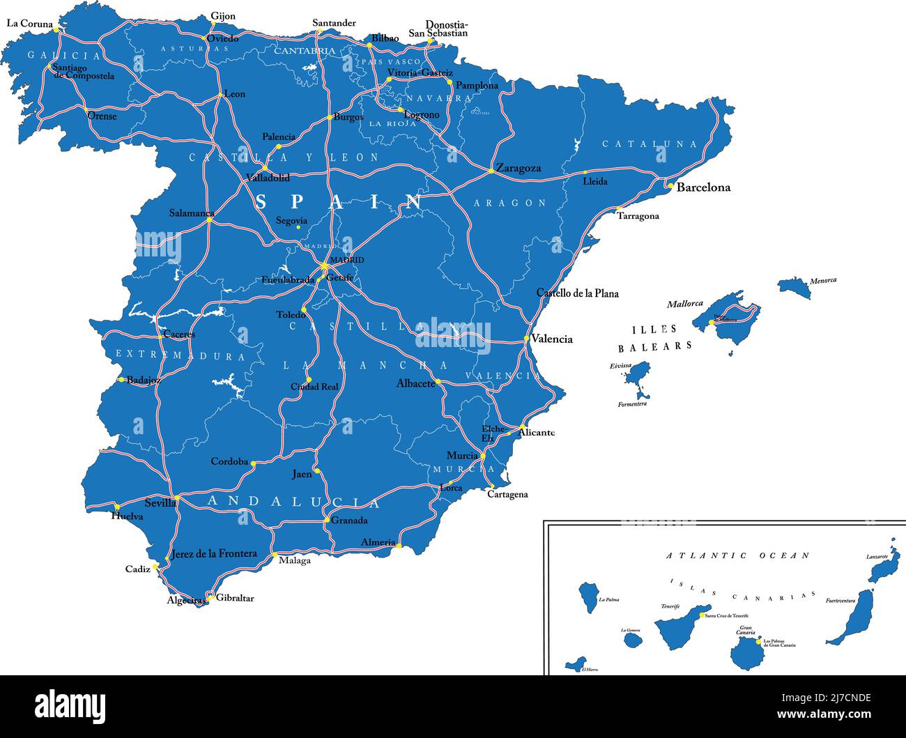Highly detailed vector map of Spain  with administrative regions, main cities and roads. Stock Vector