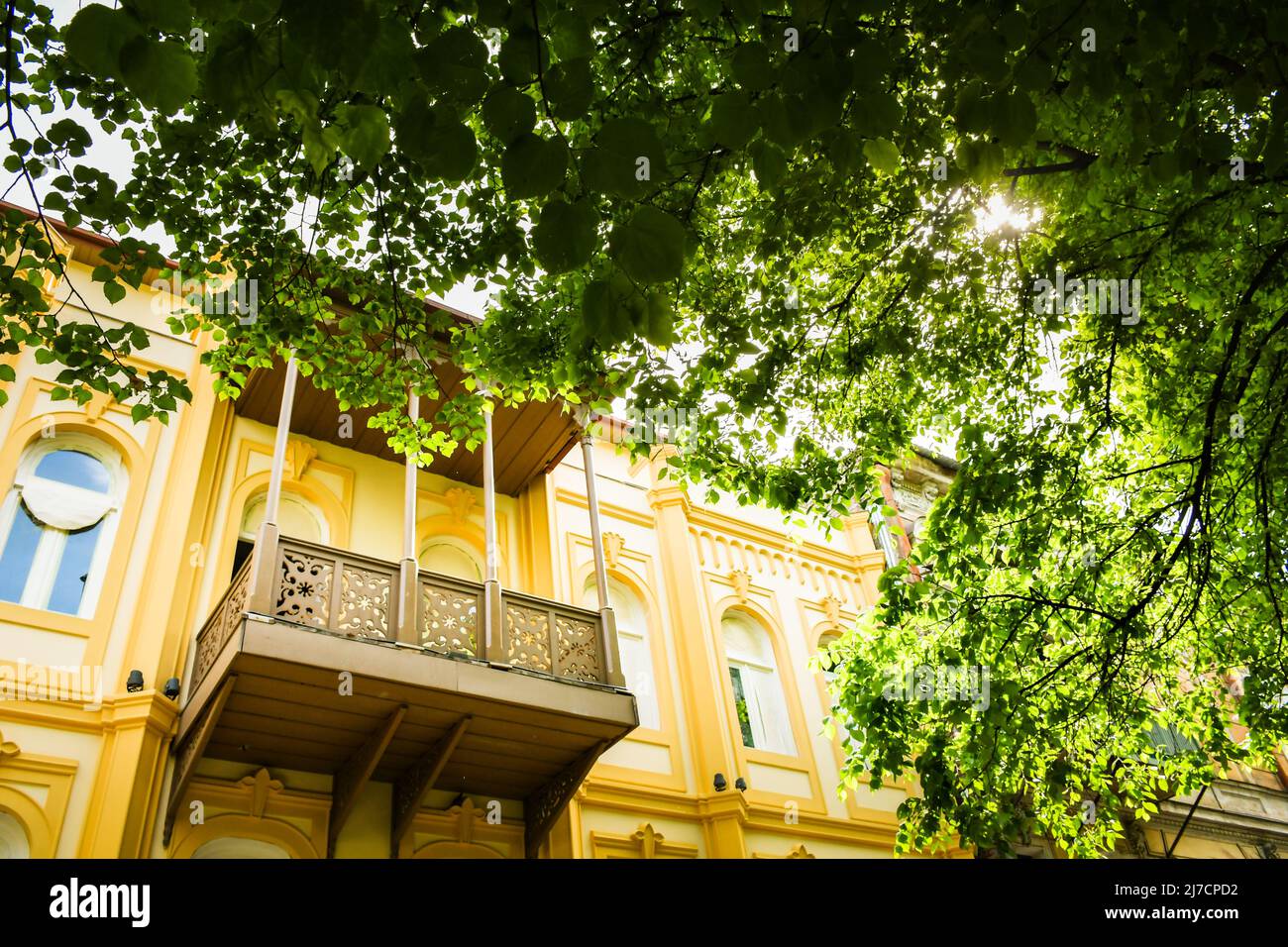 View up old balconies in old town sololaki district in Tbilisi, capital