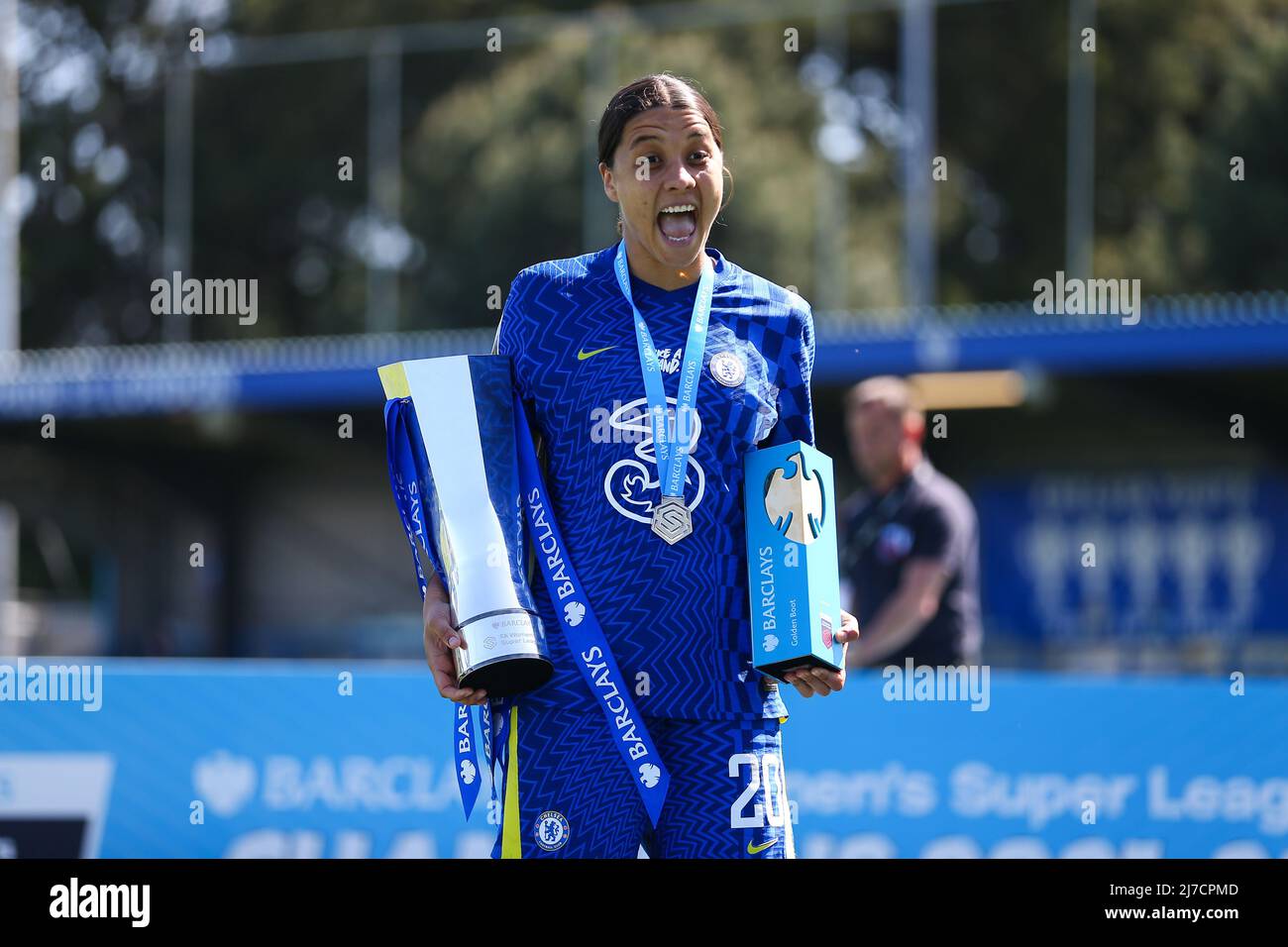 Sam Kerr (20 Chelsea) with WSL and Golden Boot Trophy during the FA