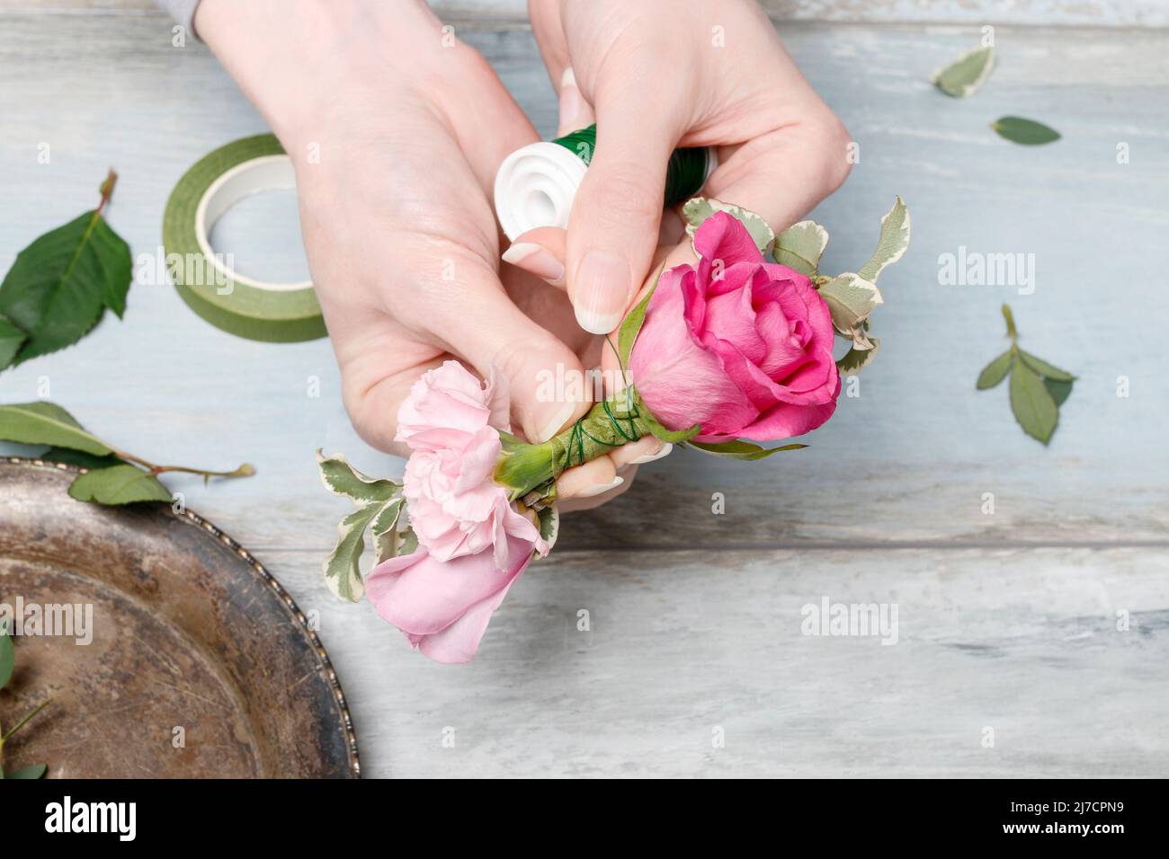 Florist at work How to make a wrist corsage. Step by step, tutorial