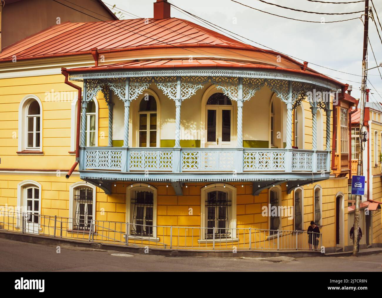 View up old balconies in old town sololaki district in Tbilisi, capital