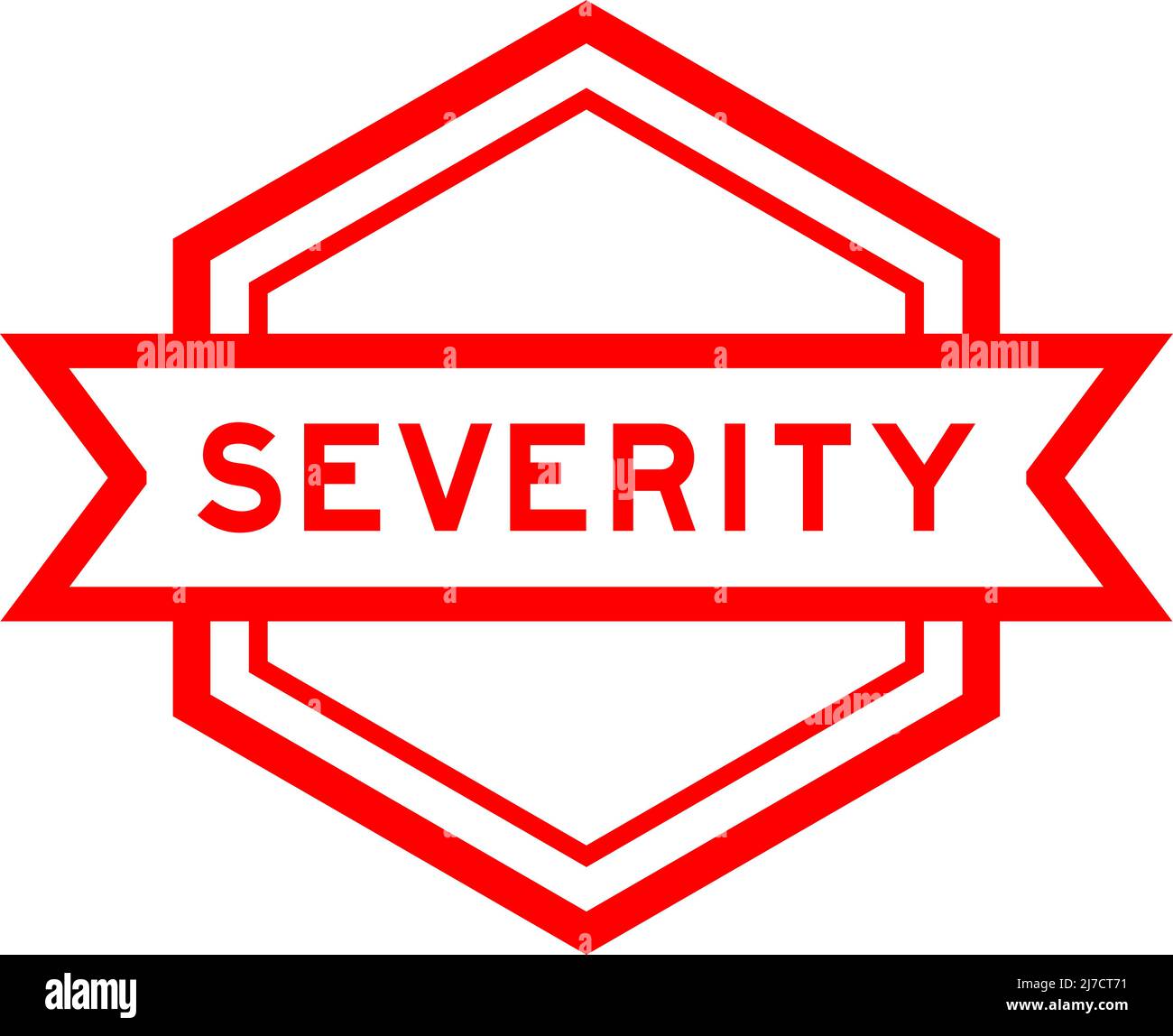 Vintage red color hexagon label banner with word severity on white ...