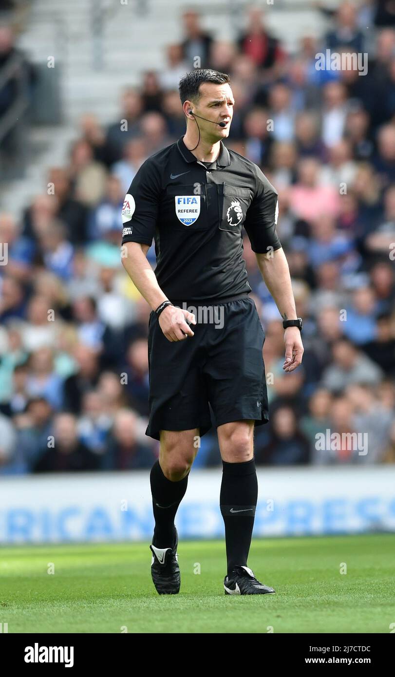 Referee Andrew Madley during  the Premier League match between Brighton and Hove Albion and Manchester United at the American Express Stadium  , Brighton , UK - 7th May 2022  Editorial use only. No merchandising. For Football images FA and Premier League restrictions apply inc. no internet/mobile usage without FAPL license - for details contact Football Dataco Stock Photo