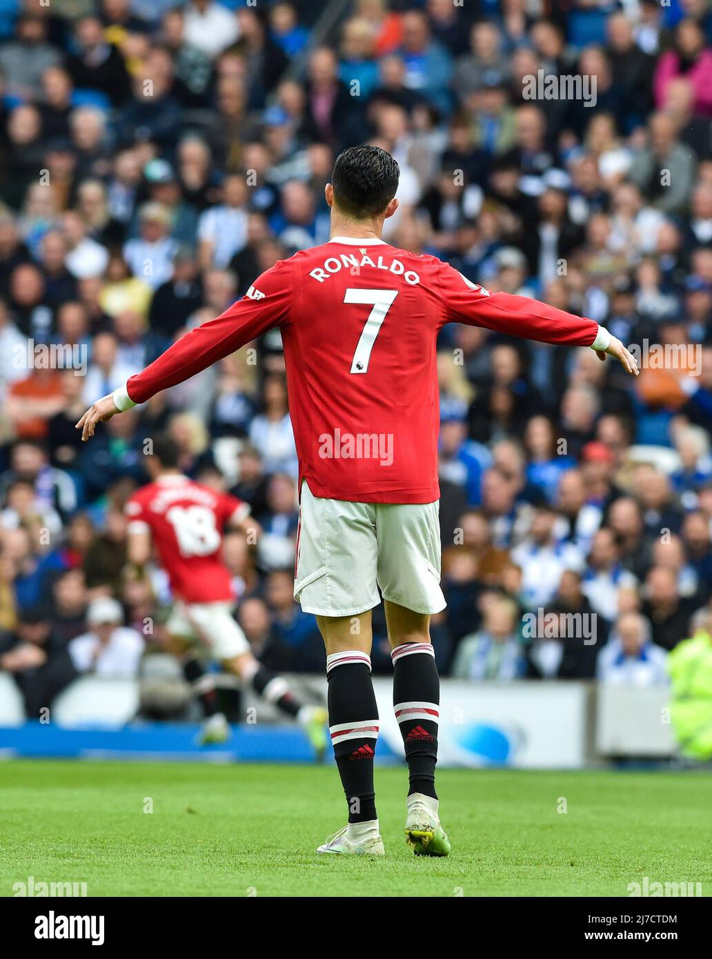 Cristiano Ronaldo of Manchester United shows frustration during  the Premier League match between Brighton and Hove Albion and Manchester United at the American Express Stadium  , Brighton , UK - 7th May 2022  Editorial use only. No merchandising. For Football images FA and Premier League restrictions apply inc. no internet/mobile usage without FAPL license - for details contact Football Dataco Stock Photo