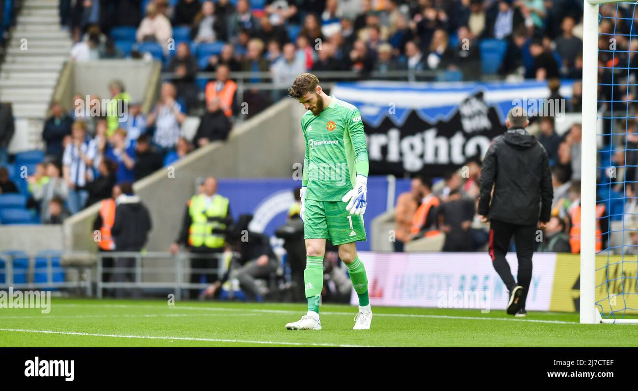 David de Gea of Manchester United looks dejected during  the Premier League match between Brighton and Hove Albion and Manchester United at the American Express Stadium  , Brighton , UK - 7th May 2022 Photo Simon Dack/Telephoto Images.   Editorial use only. No merchandising. For Football images FA and Premier League restrictions apply inc. no internet/mobile usage without FAPL license - for details contact Football Dataco Stock Photo