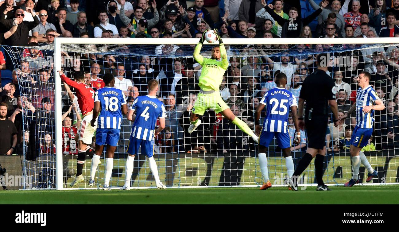 Robert Sanchez of Brighton gathers the ball during  the Premier League match between Brighton and Hove Albion and Manchester United at the American Express Stadium  , Brighton , UK - 7th May 2022  Editorial use only. No merchandising. For Football images FA and Premier League restrictions apply inc. no internet/mobile usage without FAPL license - for details contact Football Dataco Stock Photo