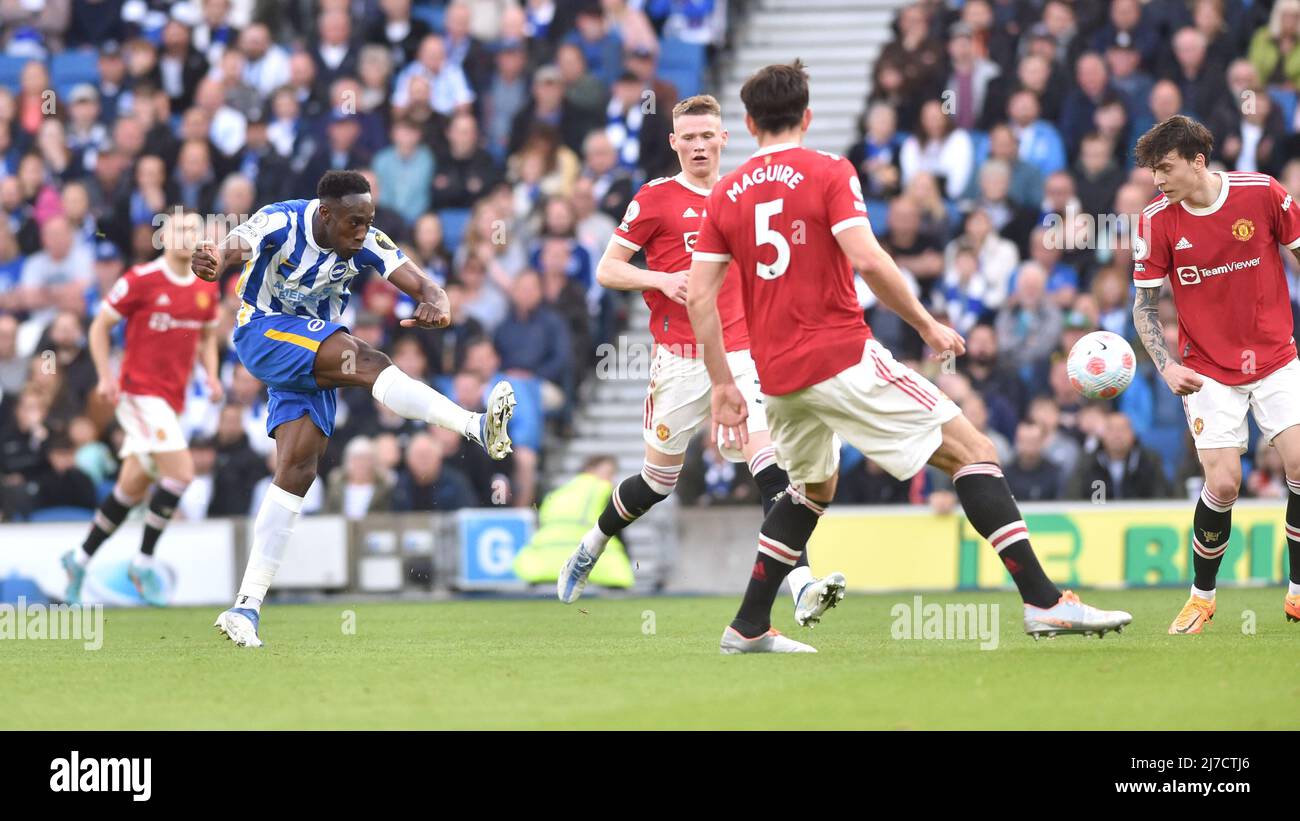 Danny Welbeck of Brighton shoots during  the Premier League match between Brighton and Hove Albion and Manchester United at the American Express Stadium  , Brighton , UK - 7th May 2022  Editorial use only. No merchandising. For Football images FA and Premier League restrictions apply inc. no internet/mobile usage without FAPL license - for details contact Football Dataco Stock Photo