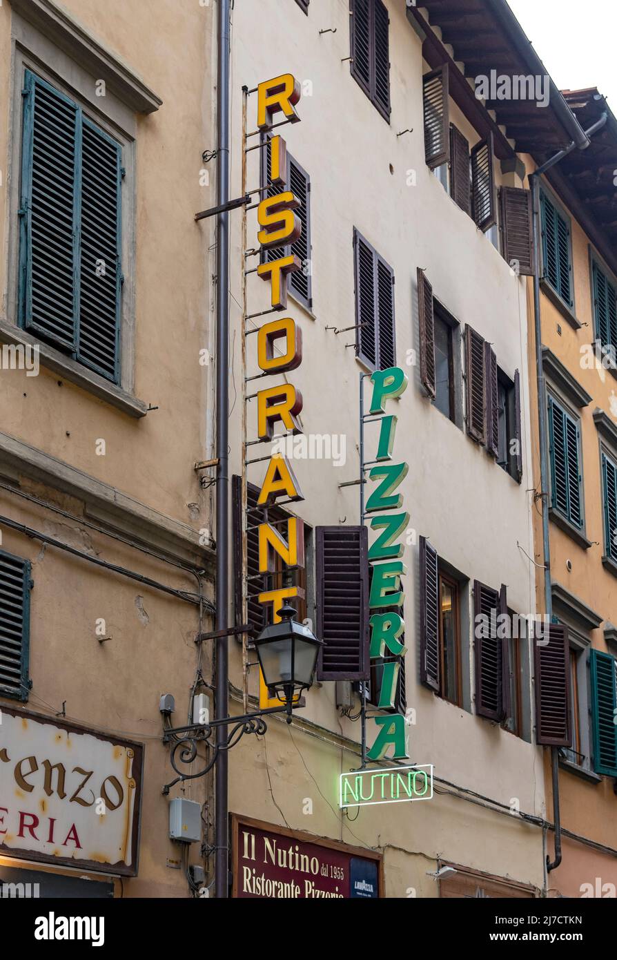 Neon Restaurant and Pizzeria Sign, Florence, Italy Stock Photo