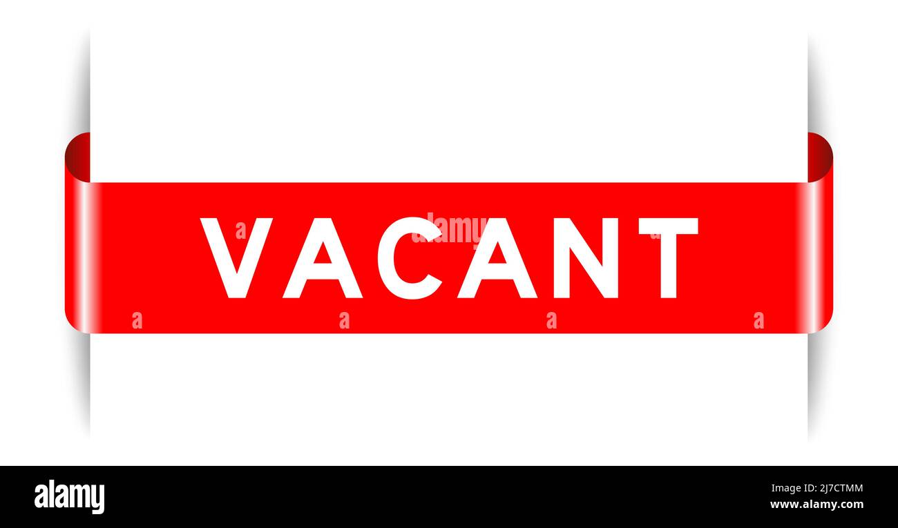 Red color inserted label banner with word vacant on white background