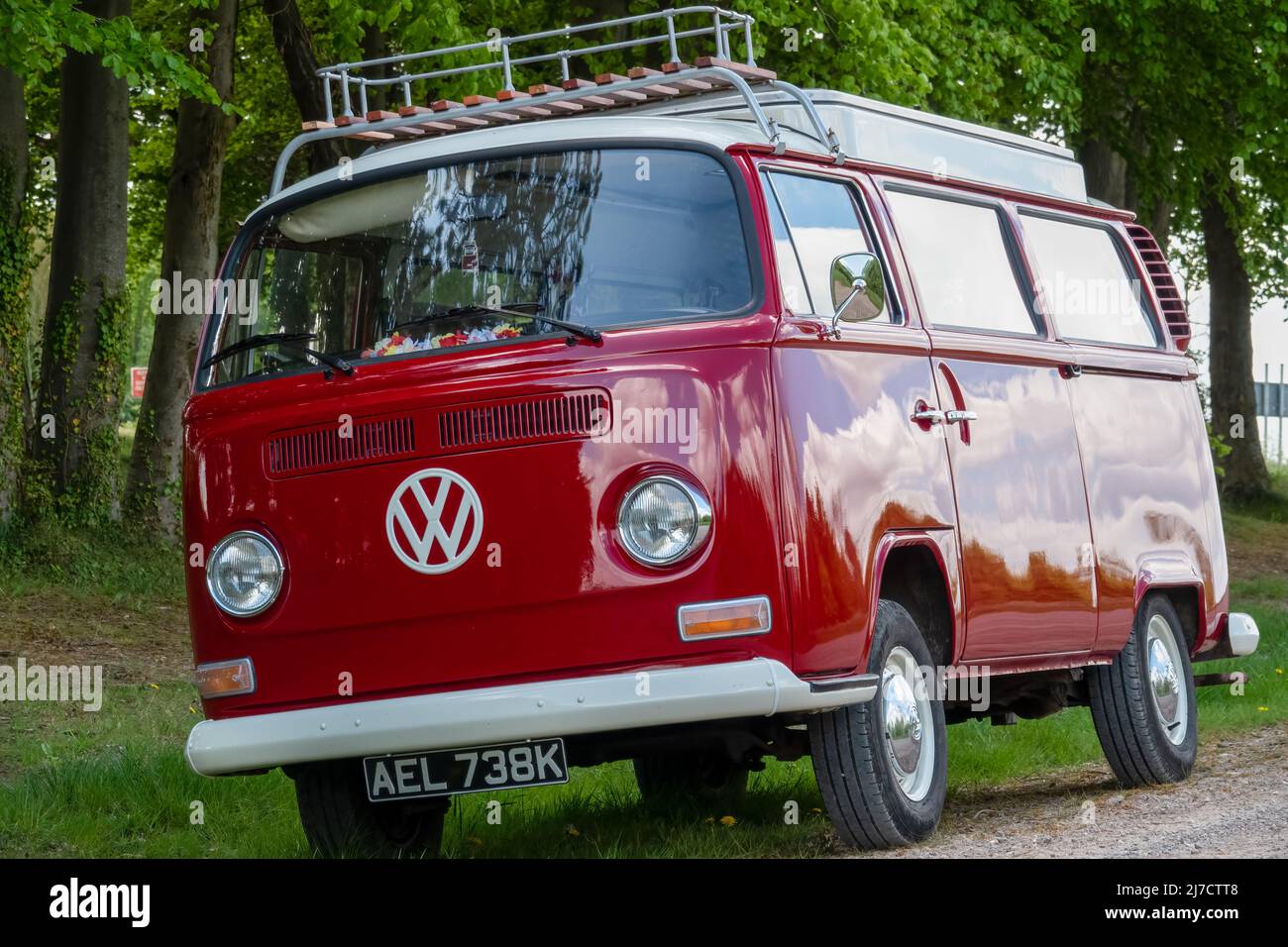 VW T2 Devon Campervan AEL 738K, red paint work with white bumpers and hub rims Stock Photo