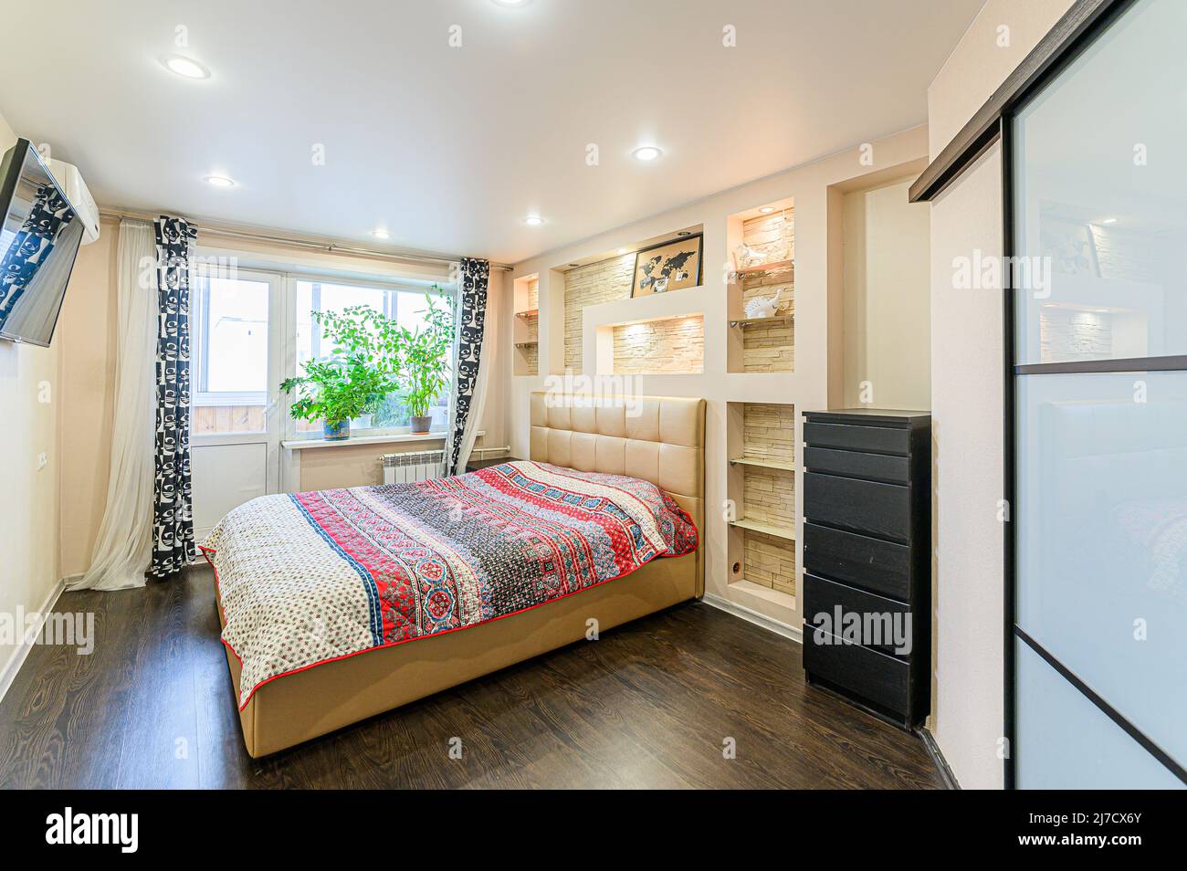 Russia, Moscow- May 21, 2020: interior apartment room bedroom with bed ...