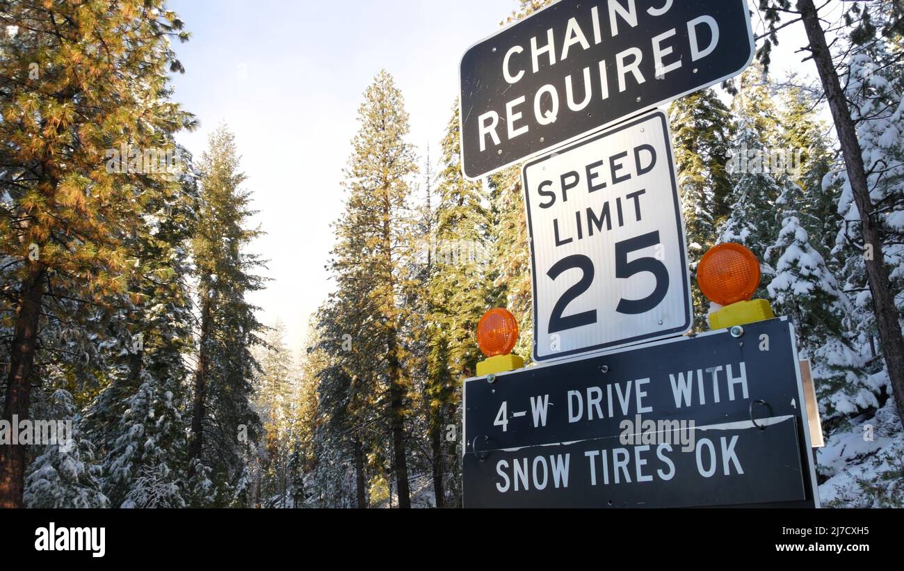 Chains or snow tires required traffic sign, mountains winter highway