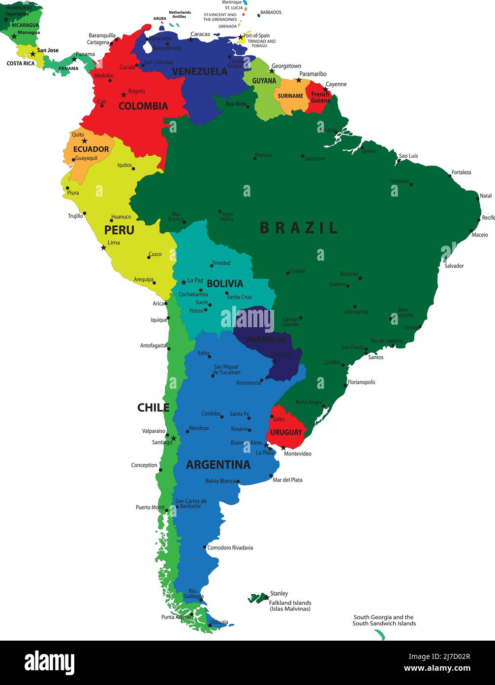 South America political map with each country independently selectable Stock Vector