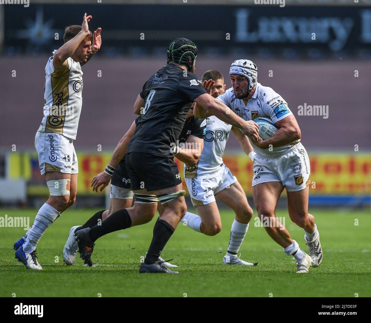 Ollie Griffiths of Dragons, takes on Morris of Ospreys Stock