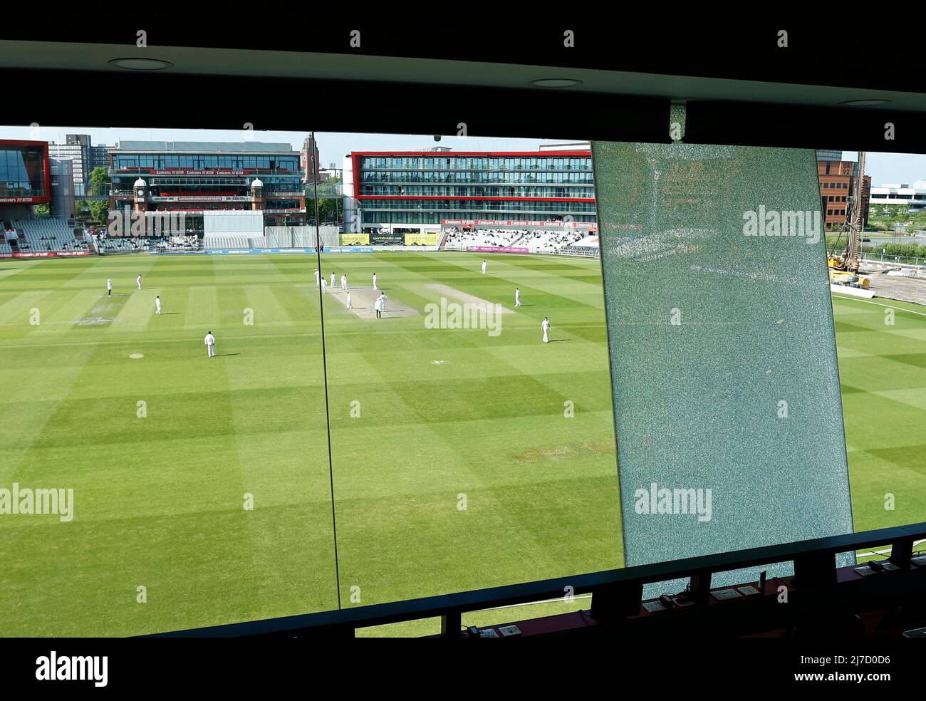 8th May 2022,  Emirates Old Trafford, Manchester, England: LV = County Cricket championship, Lancashire versus Warwickshire: The view from the media centre at Emirates Old Trafford after one of the large glass panels was shattered shortly after tea on the fourth day Stock Photo