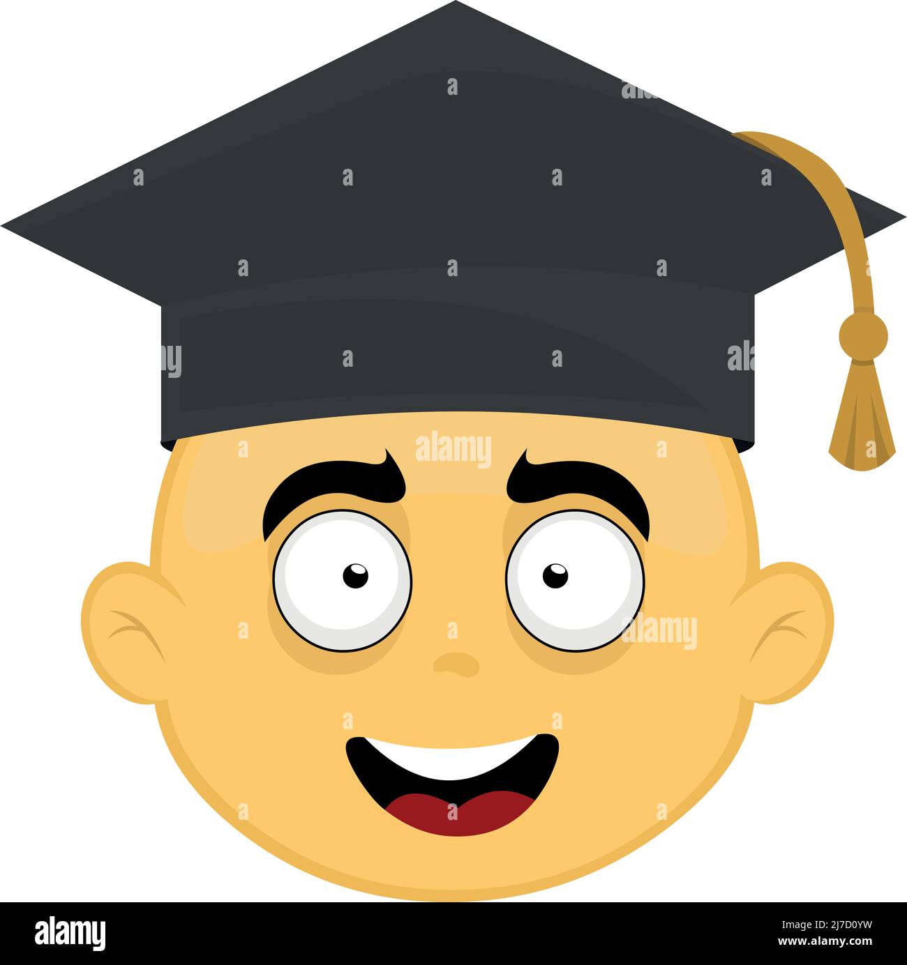 Vector illustration of the face of a yellow cartoon character with a graduation hat Stock Vector