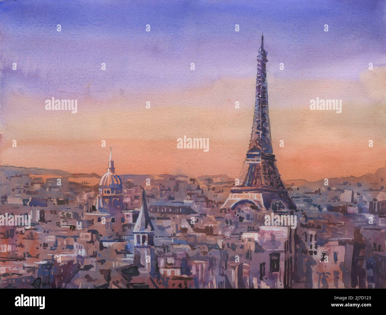 Paris, France skyline at sunset.  Watercolor painting Eiffel Tower Paris, France artwork Stock Photo