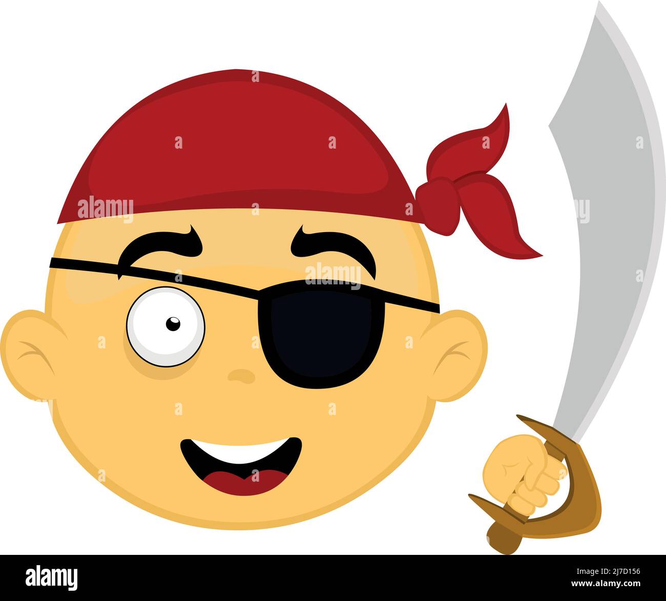 Vector illustration of the face of a yellow cartoon character, with a hat, eye patch and pirate sword or saber Stock Vector
